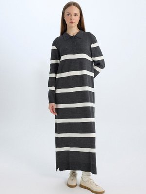 Regular Fit Polo Yaka Düğmeli Çizgili Uzun Kollu Maxi Elbise D6523axns