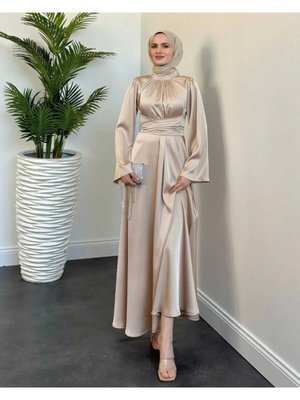 İspanyol Kol Belden Çapraz Bağlama Saten Elbise