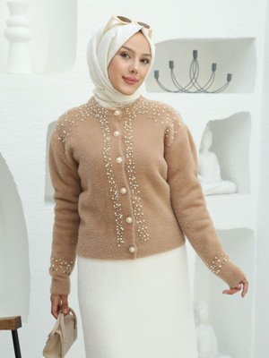 İncili Taş Detaylı Sakallı Triko Hırka Bluz