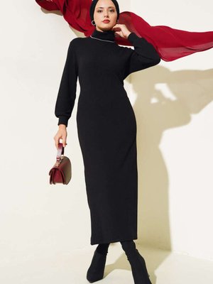 Fitilli Balıkçı Yaka Elbise Siyah