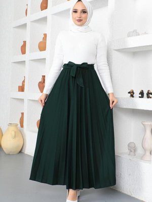 Kuşaklı Pileli Uzun Etek Zümrütyeşili Kuşaklı Pileli Uzun Etek Zümrütyeşili