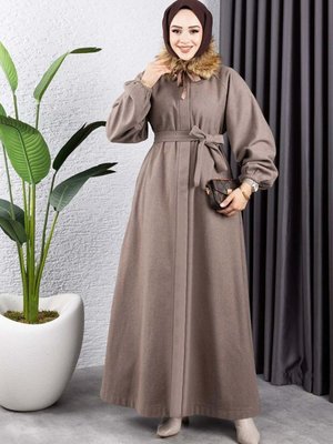 Kürk Detaylı Kaşe Manto Vizon