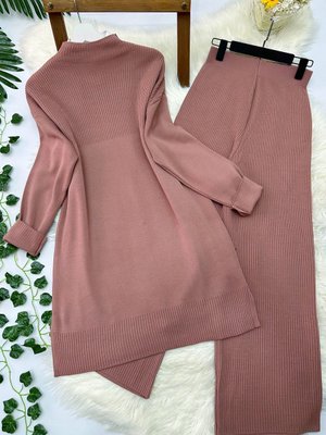 Fitilli Triko Tunik Pantolon Takım Pembe