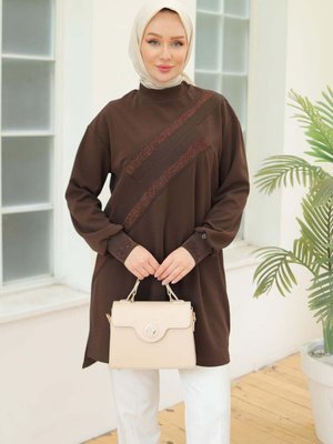 Kolları Ribanalı Sim Detaylı Tunik Acı Kahve