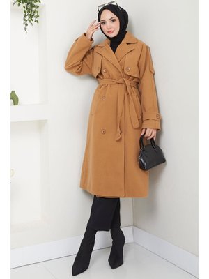 Camel Kruvaze Yaka Düğmeli Kuşaklı Kaşe Kaban Camel Kruvaze Yaka Düğmeli Kuşaklı Kaşe Kaban
