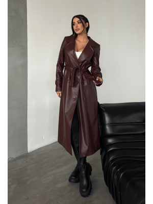 Bordo Suni Deri Kumaş Trençkot