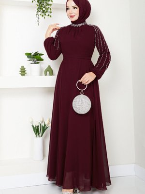Kolları İşlemeli Abiye Elbise M Bordo Kolları İşlemeli Abiye Elbise M Bordo