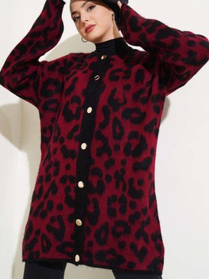 Kadın Leopar Desenli Sakallı Triko Hırka Kadın Leopar Desenli Sakallı Triko Hırka