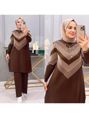 2'li Kadın Uzun Kendinden Desenli Tunik Triko Kazak Pantolon Alt Üst Takım