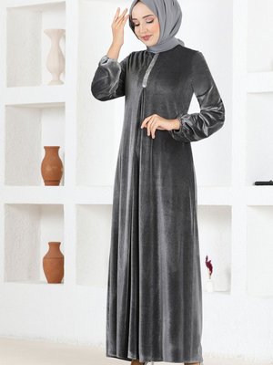 Kadife Elbise Antrasit Kadife Elbise Antrasit