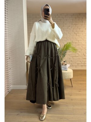 Haki Kurdele Detaylı Süet Etek
