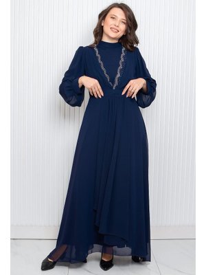 Lacivert Taş Baskı Detaylı Şifon Abiye