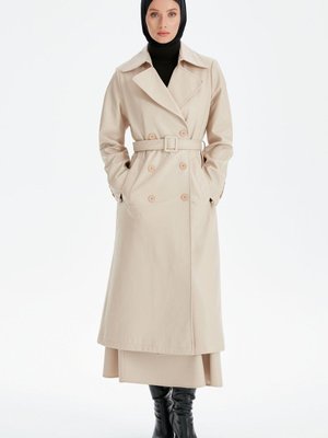 Kruvaze Düğmeli Suni Deri Trenç Taş Kruvaze Düğmeli Suni Deri Trenç Taş