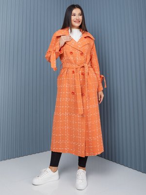 Turuncu Ekose Kadın Oversize Trençkot