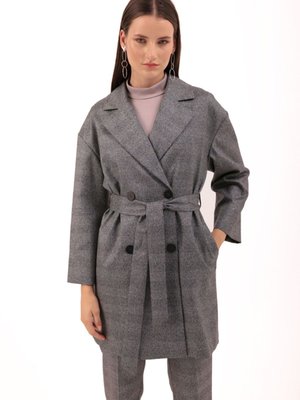 Belden Kuşaklı Ekose Ceket