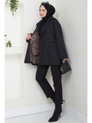 Siyah Leopar Detaylı Oversize Bondit Ceket Siyah Leopar Detaylı Oversize Bondit Ceket