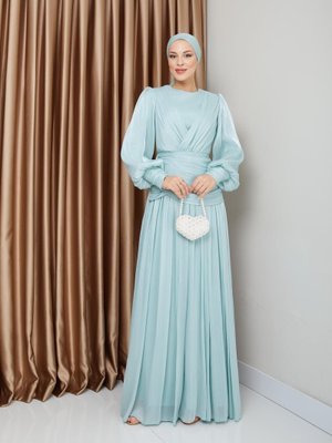 Volan Ve Plise Detaylı Kristal Şifon Abiye Elbise Mint Volan Ve Plise Detaylı Kristal Şifon Abiye Elbise Mint
