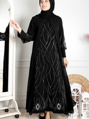 Şifon Taş İşlemeli Esnek Büyük Beden Abiye Siyah Şifon Taş İşlemeli Esnek Büyük Beden Abiye Siyah