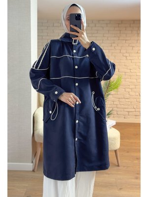 Lacivert Beli Lastik Büzgülü Trençkot