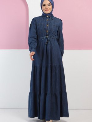 Koyu Mavi Düğmeli Cepli Kot Elbise