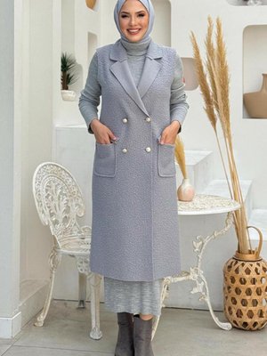 Kadın Gri Kruvaze Yaka Uzun Yelek T