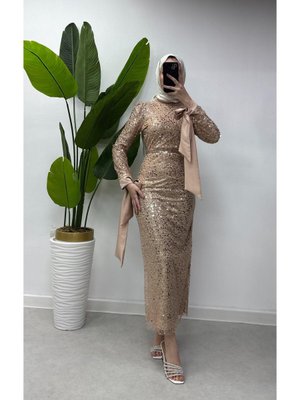 İnci Ve Payet İşlemeli Kolları Fiyonk Detaylı Yenı Sezon Abiye Elbise