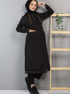 Kapüşonlu Ribanalı Trençkot Siyah