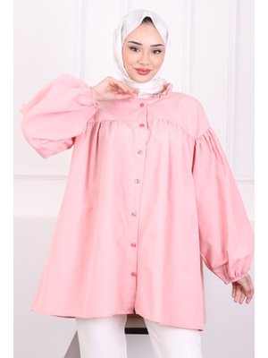 Pudra Yaka Fırfırlı Balon Kol Tunik