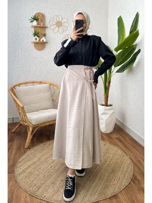 Taş Rengi Yandan Bağlamalı Etek