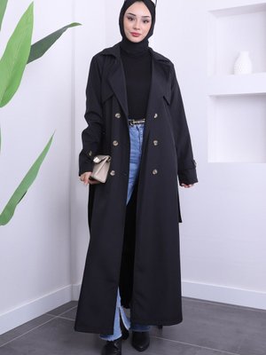 Siyah Bel Kuşaklı Düğmeli Trenç Siyah Bel Kuşaklı Düğmeli Trenç