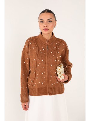 Camel İncili Triko Hırka