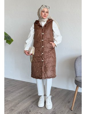 Taşlı Kapitone Kapüşonlu Acı Kahve Yelek Taşlı Kapitone Kapüşonlu Acı Kahve Yelek
