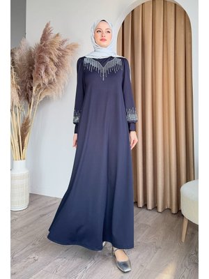 Taşlı İncili Lacivert Scuba Elbise