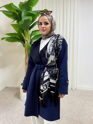 Süet Yumuşak Kemerli Ceket Trençkot Kap Lacivert