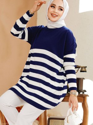 Şerit Çizgili Lacivert Triko Kazak Tunik