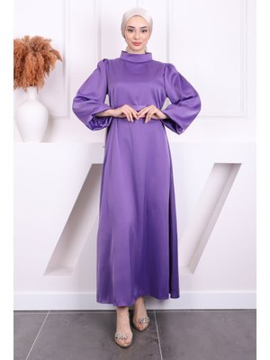 Mor Hakim Yaka Balon Kol Saten Abiye Elbise