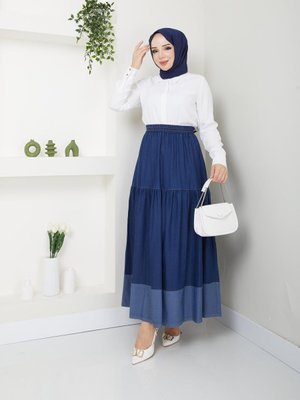 Beli Lastikli İnce Dokümlü Kot Uzun Çiingene Etek Beli Lastikli İnce Dokümlü Kot Uzun Çiingene Etek