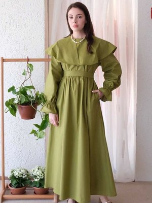 Fıstık Yeşili Geniş Yakalı Marul Kol Elbise