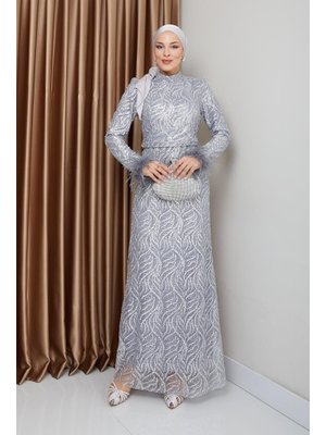 Gri Tüy Detaylı Glitter Abiye Elbise Gri Tüy Detaylı Glitter Abiye Elbise