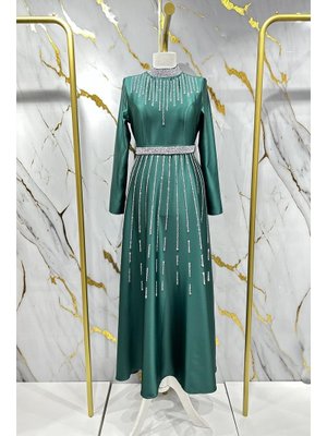 Zümrüt Yeşili Nevra Saten Abiye Elbise