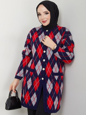 Kareli Cepli Düğme Kapamalı Triko Hırka