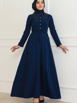 İndigo Taş Detaylı Elbise