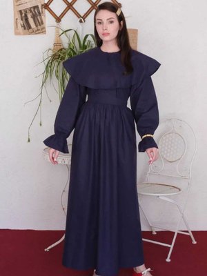 Lacivert Geniş Yakalı Marul Kol Elbise