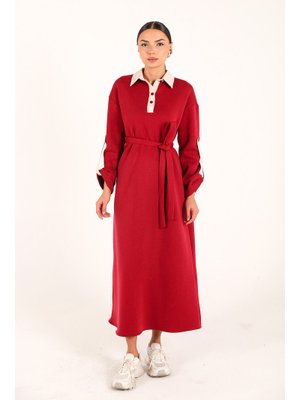 Bordo Taş Üç İplik Elbise