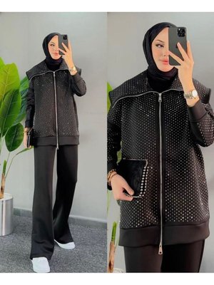 Kadın Scuba Kumaş Fermuarlı Ceket Ve Pantolon Takım