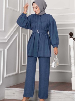 Balon Kollu Boydan Düğmeli Keten İkili Takım Balon Kollu Boydan Düğmeli Keten İkili Takım