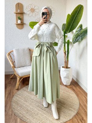 Mint Yeşili Fiyonk Detaylı Kloş Etek