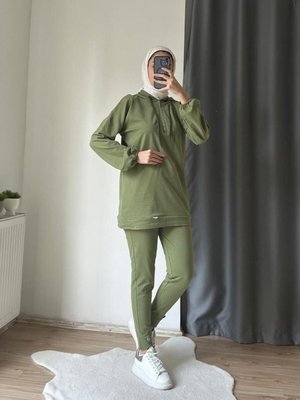 Neon Fermuarlı Kapüşonlu Eşofman Takımı Haki Neon Fermuarlı Kapüşonlu Eşofman Takımı Haki