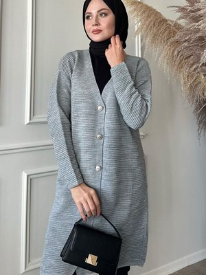 Basic Fitilli Gri Triko Hırka Basic Fitilli Gri Triko Hırka