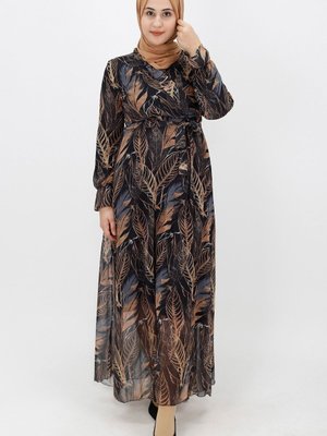 Siyah Yaprak Desenli Şifon Elbise Siyah Yaprak Desenli Şifon Elbise